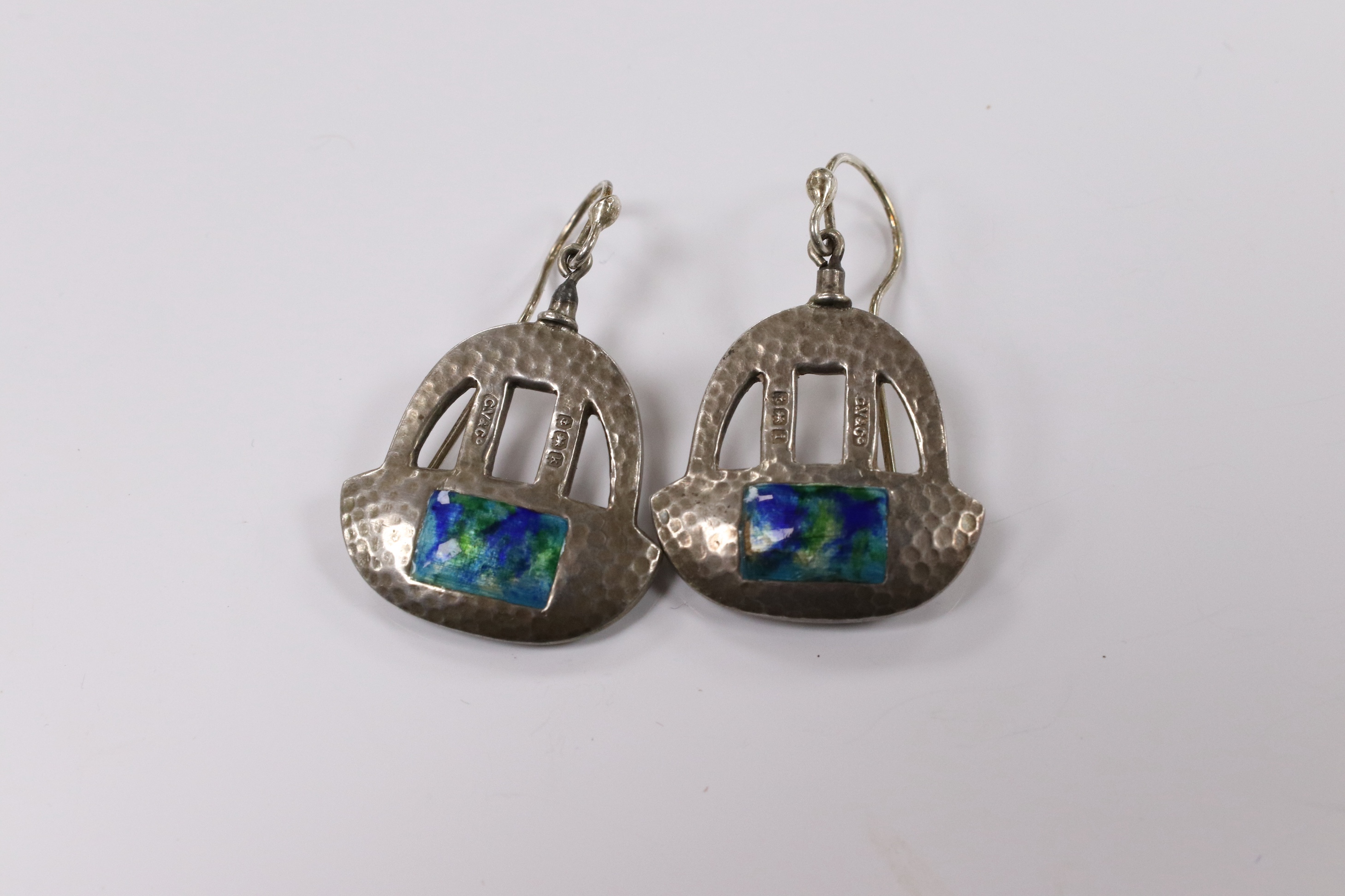 A pair of Edwardian Art Nouveau silver and enamel drop earrings, by Gourdel Vales & Co, Birmingham, 1909, 24mm. Condition - poor(small chip to enamel).